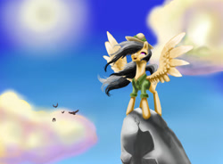 Size: 1043x766 | Tagged: safe, artist:joan-grace, daring do, pegasus, pony, g4, clothes, cloud, female, hat, mare, outdoors, pith helmet, solo, wings