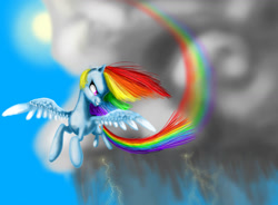 Size: 1043x766 | Tagged: safe, artist:joan-grace, rainbow dash, pegasus, pony, g4, cloud, female, flying, grin, looking back, mare, outdoors, rainbow trail, smiling, solo, wings