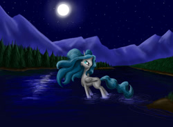 Size: 1043x766 | Tagged: safe, artist:joan-grace, oc, oc only, alicorn, pony, alicorn oc, female, full moon, horn, lake, mare, moon, mountain, night, outdoors, solo, stars, wings