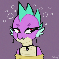 Size: 1280x1280 | Tagged: safe, artist:kokoaapuff, spike, dragon, cutiemarks (and the things that bind us), nonexistent meet-cute [idlyam], g4, beanbrows, bubble, clothes, collar, ear piercing, earring, eyebrows, gender headcanon, inverted cross, jewelry, non binary spike, nonbinary, off shoulder, off shoulder sweater, piercing, solo, song reference, sweater, vylet pony