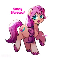 Size: 1263x1263 | Tagged: safe, artist:riukime, sunny starscout, earth pony, pony, g5, braid, cute, female, looking at you, mare, open mouth, raised hoof, simple background, solo, sunnybetes, text, unshorn fetlocks, white background