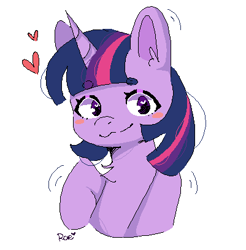 Size: 401x407 | Tagged: safe, artist:kokoaapuff, twilight sparkle, pony, g4, beanbrows, blush sticker, blushing, bust, chest fluff, cute, eyebrows, female, heart, looking at you, mare, ms paint, portrait, raised hoof, simple background, smiling, solo, three quarter view, twiabetes, white background