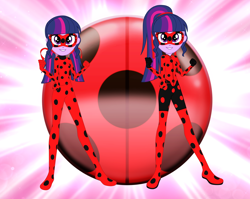 Size: 1884x1500 | Tagged: safe, artist:machakar52, sci-twi, twilight sparkle, equestria girls, g4, alternate hairstyle, bodysuit, clothes, cosplay, costume, crossover, duality, hairstyle, ladybug (miraculous ladybug), looking at you, marinette dupain-cheng, mask, miraculous ladybug, pigtails, ponytail, twolight