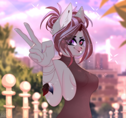Size: 2070x1944 | Tagged: safe, artist:elektra-gertly, oc, oc only, anthro, bracelet, breasts, clothes, dress, hair bun, jewelry, nail polish, peace sign, ring, sideboob, solo