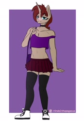 Size: 1800x2600 | Tagged: safe, artist:endelthepegasus, oc, oc:arthur ali, unicorn, anthro, plantigrade anthro, anthro oc, belly button, blushing, choker, clothes, crossdressing, femboy, male, miniskirt, skirt, socks, thigh highs, top