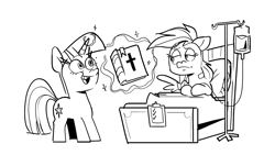 Size: 1920x1080 | Tagged: safe, artist:kyssimmee, rainbow dash, twilight sparkle, pegasus, pony, unicorn, g4, read it and weep, bed, bible, black and white, christianity, grayscale, hospital bed, intravenous, iv drip, levitation, magic, monochrome, proselytizing, simple background, telekinesis, unicorn twilight, white background