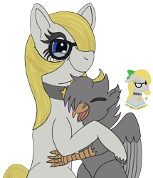 Size: 1032x1200 | Tagged: safe, artist:gray star, derpibooru exclusive, oc, oc:gray star, oc:valiant effort, earth pony, griffon, pony, choker, female, glasses, hug, male, mare, smiling