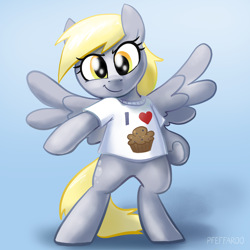 Size: 2048x2048 | Tagged: safe, artist:pfeffaroo, derpy hooves, pegasus, pony, g4, bipedal, clothes, female, food, high res, mare, muffin, shirt, solo, spread wings, t-shirt, that pony sure does love muffins, underhoof, wings