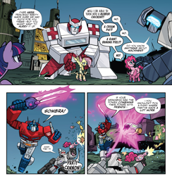 Size: 1988x2038 | Tagged: safe, artist:jack lawrence, fluttershy, pinkie pie, twilight sparkle, alicorn, cybertronian, earth pony, pegasus, pony, robot, g4, idw, the magic of cybertron, spoiler:comic, spoiler:the magic of cybertron04, autobot, behaving like a weapon, blaster, crossover, cupcake, cybertron, decepticon, exosuit, female, food, glowing eyes, implied king sombra, laser pistol, male, megatron, mind control, optimus prime, party cannon, ratchet, rubber chicken, scorponok, sombrafied, sword, transformers, twilight sparkle (alicorn), weapon, wheeljack