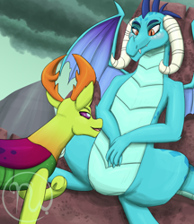 Size: 1900x2200 | Tagged: safe, artist:azurllinate, princess ember, thorax, changedling, changeling, dragon, g4, blushing, cloud, cloudy, couple, dragoness, female, hand on belly, horn, interspecies, king thorax, larger female, looking at each other, male, mountain, older, older ember, open mouth, raised hoof, royalty, ship:embrax, shipping, sitting, size difference, smiling, smiling at each other, spread legs, spreading, straight