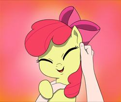 Size: 1122x953 | Tagged: safe, artist:doublewbrothers, edit, apple bloom, earth pony, human, pony, g4, adorabloom, cropped, cute, eyes closed, female, filly, hand, holding a pony, human on pony petting, offscreen character, open mouth, open smile, petting, pov, smiling, solo