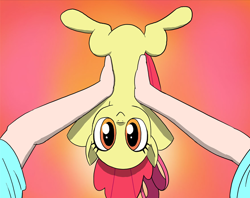 Size: 1122x890 | Tagged: safe, artist:doublewbrothers, edit, apple bloom, earth pony, pony, g4, adorabloom, cropped, cute, female, filly, hand, holding a pony, looking at you, offscreen character, pov, smiling, smiling at you, solo, upside down