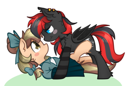 Size: 3000x2040 | Tagged: safe, artist:sb66, oc, oc only, oc:almond, oc:sharpe, bat pony, pony, blushing, bow, choker, clothes, commission, cute, dress, female, hair bow, high res, mare, piercing, red and black oc, socks, ych result