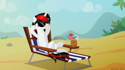 Size: 4000x2250 | Tagged: safe, artist:angelina-pax, oc, oc only, oc:blackjack, pony, unicorn, fallout equestria, fallout equestria: project horizons, beach, beach chair, chair, commission, cute, female, hooves behind head, horn, mare, relaxing, solo, sunbathing, sunglasses, unicorn oc, ych result