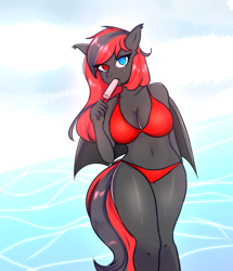 Size: 3000x3496 | Tagged: safe, artist:rintea, oc, oc only, oc:sharpe, bat pony, anthro, bat pony oc, beach, belly button, big breasts, bikini, breasts, cleavage, clothes, commission, female, food, heterochromia, high res, looking at you, popsicle, solo, swimsuit, ych result