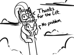 Size: 680x506 | Tagged: safe, artist:neuro, pony, unicorn, cloud, female, floppy ears, guardsmare, impossibly long neck, lineart, long neck, mare, monochrome, open mouth, royal guard, simple background, smiling, wat, white background