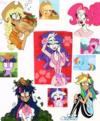 Size: 2510x3049 | Tagged: safe, artist:citi, edit, edited screencap, applejack, pinkie pie, rainbow dash, rarity, twilight sparkle, human, pony, applebuck season, g4, lesson zero, sonic rainboom (episode), suited for success, too many pinkie pies, apple, bags under eyes, bathrobe, bird nest, clothes, crying, faic, food, freckles, high res, humanized, i'm so pathetic, insanity, marshmelodrama, messy mane, nest, pinkie being pinkie, rarity being rarity, robe, scene interpretation, screencap reference, twilight snapple