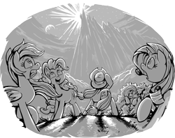 Size: 9390x7422 | Tagged: safe, artist:jowyb, applejack, fluttershy, pinkie pie, rainbow dash, rarity, earth pony, pegasus, pony, unicorn, fanfic:the immortal game, g4, canterlot mountain, commission, fanfic art, female, grayscale, hiding, monochrome, night, remane five