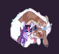 Size: 2605x2376 | Tagged: safe, alternate version, artist:orphicswanart, discord, twilight sparkle, alicorn, deer, deer pony, draconequus, original species, pony, g4, antlers, cheek kiss, cuddling, curved horn, eyes closed, female, happy, high res, horn, kissing, long mane, male, redesign, ship:discolight, shipping, smiling, straight, swirls, twilight sparkle (alicorn), white hair
