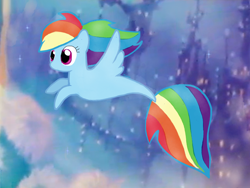 Size: 2048x1536 | Tagged: safe, artist:pinkflutter, rainbow dash, pegasus, pony, seapony (g4), g4, bubble, coral, crepuscular rays, dorsal fin, female, fin, fin wings, fins, fish tail, flowing mane, flowing tail, mare, multicolored hair, pink eyes, seaponified, seapony rainbow dash, seaquestria, seaweed, solo, species swap, sunlight, swimming, tail, underwater, water, wings