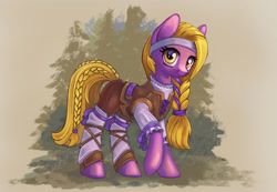 Size: 1300x900 | Tagged: safe, artist:maytee, lily, lily valley, earth pony, pony, g4, alternate hairstyle, braid, braided tail, clothes, leather armor, solo, tail