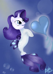 Size: 2087x2874 | Tagged: safe, artist:appleneedle, rarity, pony, seapony (g4), unicorn, g4, blue eyes, blue mane, bubble, dorsal fin, female, fish tail, flowing mane, flowing tail, heart bubbles, high res, ocean, open mouth, seaponified, seapony rarity, signature, simple background, smiling, solo, species swap, swimming, tail, underwater, water