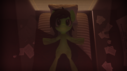 Size: 3840x2160 | Tagged: safe, artist:dieanondie, oc, oc only, oc:filly anon, earth pony, pony, 3d, bed, black mane, blender, earth pony oc, female, filly, green coat, green eyes, high res, looking up, lying down, on back, on bed, pillow, solo
