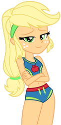 Size: 1024x2086 | Tagged: safe, artist:emeraldblast63, applejack, human, equestria girls, equestria girls series, forgotten friendship, g4, belly button, clothes, crossed arms, female, hatless, missing accessory, redesign, simple background, sleeveless, solo, swimsuit, transparent background, vector