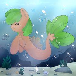 Size: 2000x2000 | Tagged: safe, artist:sadonax, oc, oc only, fish, pegasus, pony, seapony (g4), starfish, bubble, crepuscular rays, dorsal fin, eyes closed, fish tail, flowing tail, green mane, high res, redraw, rock, seaponified, seashell, seaweed, smiling, solo, species swap, sunlight, swimming, tail, underwater, water
