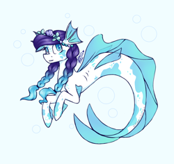 Size: 1800x1700 | Tagged: safe, artist:magicstar919, oc, oc only, hybrid, merpony, seapony (g4), blue background, blue eyes, blue mane, braid, bubble, dorsal fin, female, fins, flower, flower in hair, ocean, signature, simple background, smiling, solo, tail, underwater, water