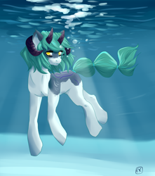 Size: 2300x2607 | Tagged: safe, artist:sheriwii, oc, oc only, pony, bubble, crepuscular rays, digital art, eyelashes, flowing tail, green eyes, green mane, high res, horns, looking at you, ocean, signature, solo, sunlight, swimming, underwater, water, yellow eyes