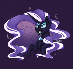 Size: 1800x1700 | Tagged: safe, artist:magicstar919, nightmare rarity, pony, unicorn, g4, blue eyes, bust, colored pupils, crown, ethereal mane, evil smile, eyelashes, fangs, female, flowing mane, glowing, grin, horn, jewelry, long horn, necklace, open mouth, purple background, purple mane, regalia, signature, simple background, smiling, solo, starry mane, tetth, tongue out