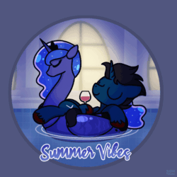 Size: 1000x1000 | Tagged: safe, artist:sugar morning, princess luna, oc, oc:slashing prices, inflatable pony, pony, unicorn, g4, alcohol, animated, colored hooves, commission, drink, eyes closed, floating, floaty, gif, glass, horn, inflatable, inflatable alicorn, inflatable toy, inner tube, loop, male, mansion, night, pool toy, relaxing, smiling, solo, stallion, sugar morning's summer vibes, swimming pool, text, unicorn oc, unshorn fetlocks, water, watermark, window, wine, wine glass, ych result
