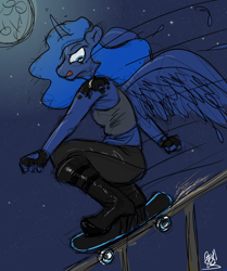 Size: 2036x2432 | Tagged: safe, artist:fetishsketches, princess luna, alicorn, anthro, plantigrade anthro, g4, boots, clothes, cutie mark tattoo, doodle, fingerless gloves, gloves, high heel boots, high res, night, shoes, skating, solo, tattoo, tongue out