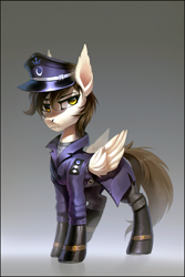Size: 2957x4425 | Tagged: safe, artist:ramiras, oc, oc only, oc:light dimmer, bat pony, hybrid, pegabat, pony, equestria at war mod, armor, armored pony, bat pony oc, boots, boots on hooves, clothes, coat, daybat, ear fluff, fangs, gradient background, hat, looking at you, lunar empire, male, military, military hat, military pony, military uniform, officer, peaked cap, pegasus wings, shoes, solo, stallion, trenchcoat, uniform, uniform hat, wings, yellow eyes