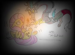 Size: 1040x769 | Tagged: safe, artist:gafelpoez, discord, fluttershy, draconequus, pegasus, pony, g4, candle, dark, duo, floating, ghost story, scared, shivering, traditional art