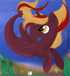 Size: 1280x1398 | Tagged: safe, artist:mezairplush, oc, oc only, alicorn, pony, seapony (g4), starfish, base used, crepuscular rays, fin wings, fish tail, flowing mane, flowing tail, horn, looking up, male, ocean, orange eyes, seaponified, seashell, seaweed, signature, smiling, solo, species swap, stallion, swimming, tail, underwater, water, wings