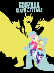 Size: 3024x4032 | Tagged: safe, artist:lordshrekzilla20, applejack, fluttershy, pinkie pie, rainbow dash, rarity, twilight sparkle, kaiju, fanfic:godzilla:clash of the titans, g4, fanfic, fanfic art, fanfic cover, godzilla, godzilla (series), king ghidorah, mane six