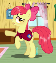 Size: 951x1065 | Tagged: safe, artist:amicasecretuwu, apple bloom, earth pony, pony, g4, clubhouse, crusaders clubhouse, older, show accurate, solo