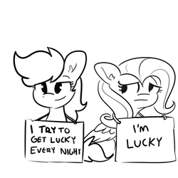 Size: 3000x3000 | Tagged: safe, artist:tjpones, fluttershy, rainbow dash, pegasus, pony, g4, black and white, duo, female, frown, grayscale, high res, implied flutterdash, implied lesbian, implied shipping, mare, monochrome, sign, simple background, sitting, smiling, smirk, white background