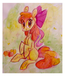 Size: 1196x1383 | Tagged: safe, artist:spacekitsch, apple bloom, earth pony, pony, g4, apple, female, filly, food, solo, traditional art