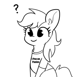 Size: 3000x3000 | Tagged: safe, artist:tjpones, rainbow dash, pegasus, pony, g4, black and white, clothes, female, grayscale, high res, implied urine, mare, monochrome, question mark, shirt, simple background, sitting, t-shirt, white background, wingless