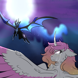 Size: 3000x3000 | Tagged: safe, artist:gingygin, nightmare moon, princess celestia, alicorn, pony, g4, bat wings, cheek fluff, chest fluff, colored wings, colored wingtips, crying, ear fluff, female, fluffy, flying, full moon, high res, mare, moon, pink-mane celestia, spread wings, wings