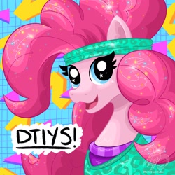 Size: 2048x2048 | Tagged: safe, artist:turtletroutstudios, pinkie pie, earth pony, pony, g4, abstract background, drawing challenge, female, headband, high res, mare, open mouth, open smile, smiling, solo, starry eyes, sweatband, wingding eyes