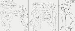 Size: 2020x831 | Tagged: safe, artist:dotkwa, fluttershy, oc, oc:anon, human, pegasus, pony, g4, comic, dialogue, duo, female, grayscale, implied lyra, male, mare, monochrome, sketch
