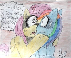 Size: 2000x1633 | Tagged: safe, artist:superdarksidex5, angel bunny, fluttershy, rainbow dash, pegasus, pony, rabbit, g4, animal, creepy, cross-popping veins, female, mare, personal space invasion, sweat, sweatdrop, traditional art, trio