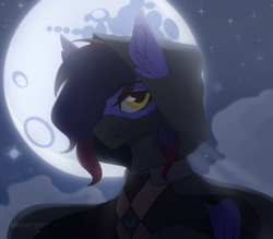 Size: 3500x3070 | Tagged: safe, artist:sinner_png, oc, oc only, oc:shadowsneak, pegasus, pony, assassin, cloak, clothes, ear fluff, high res, mare in the moon, moon, moonlight, night, solo, starry night, stars