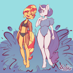 Size: 3400x3400 | Tagged: safe, artist:scribleydoodles, rarity, sunset shimmer, unicorn, anthro, unguligrade anthro, g4, adorasexy, alternate hairstyle, belly button, bikini, bikini bottom, bikini top, clothes, cute, duo, ear piercing, earring, eyes closed, eyeshadow, female, glasses, high res, jewelry, makeup, midriff, open mouth, piercing, raribetes, see-through, sexy, shimmerbetes, swimsuit, water