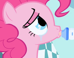 Size: 720x561 | Tagged: safe, edit, edited screencap, editor:notxweeb, screencap, pinkie pie, earth pony, pony, g4, griffon the brush off, season 1, adult foal, baby bottle, bedroom eyes, close-up, crying, drinking, lidded eyes, looking up, solo, sucking