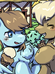 Size: 1384x1858 | Tagged: safe, artist:aquoquoo, chip mint, lickety split, rain catcher, earth pony, pegasus, pony, g4, blushing, close-up, colt, eyes closed, food, happy, hoof hold, ice cream, male, mint chocolate chip, smiling, walking, wing hold